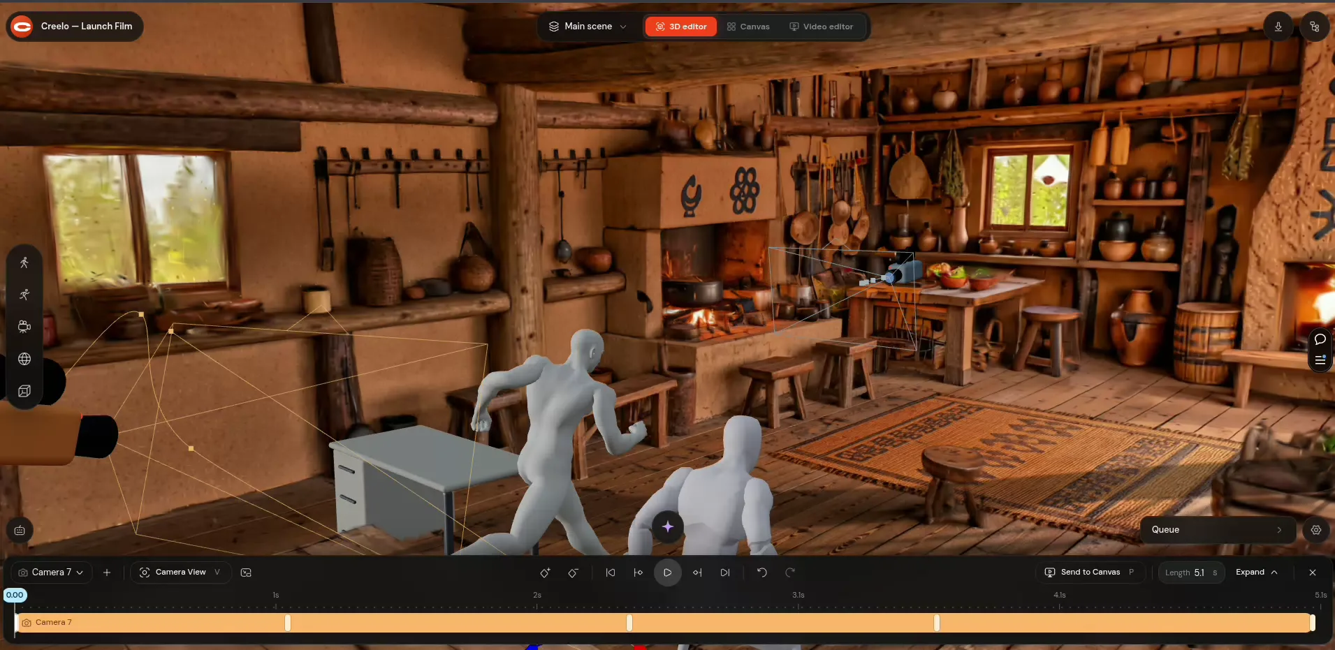 Directing a scene in Creelo's 3D editor: characters, a camera path and the shot timeline