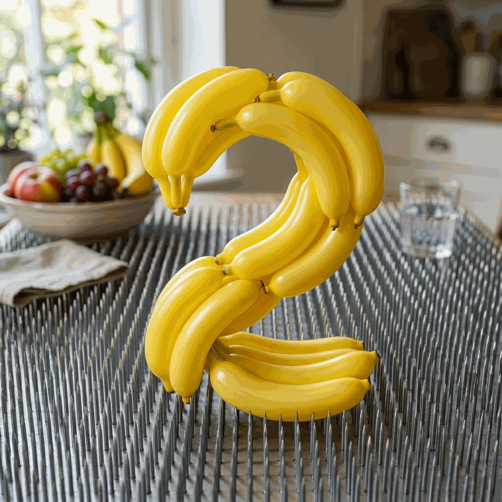 A generated product still: bananas arranged as a sculpture on a kitchen table