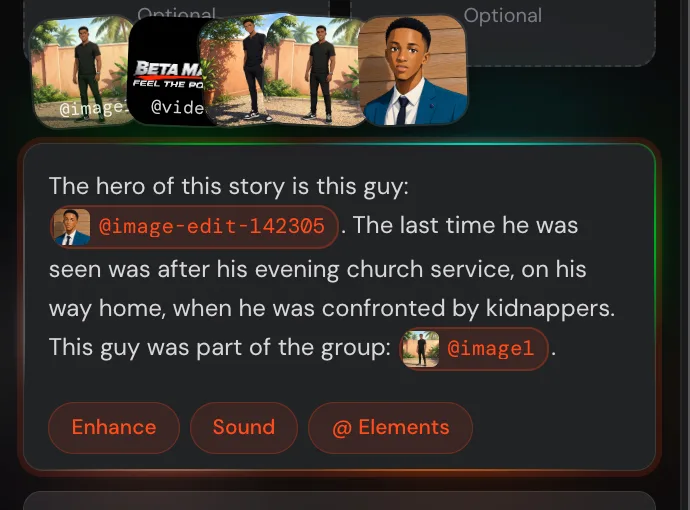 Creelo prompt with @ character and video references