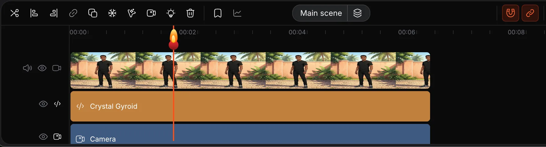 Creelo timeline with video, effect, and camera tracks